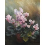 English school (20th century), Still life with cyclamen, Oil on canvas, Indistinctly signed lower