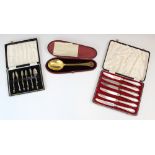 A selection of cased flatware, including a Victorian silver gilt spoon, possibly Samuel Whitford,