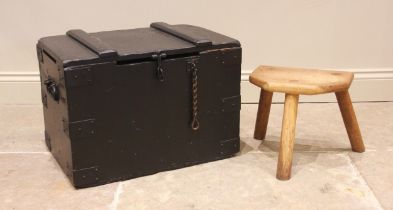 A 19th century painted wooden trunk, applied with side iron swing handles, opening to a vacant