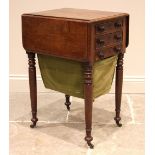 A mid 19th century mahogany work table, the moulded drop leaf top over two drawers and a sliding