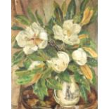 English school (20th century), Still life with magnolias, Oil on canvas, Unsigned, partial labels