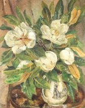 English school (20th century), Still life with magnolias, Oil on canvas, Unsigned, partial labels