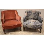 A near pair of late Victorian tub chairs, by Gregory & Co, London, one later re-covered, each with a