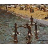 George Thompson (British, 1934-2019), 'Beach At Cadaques, Costa Brava, Spain', Oil on board,