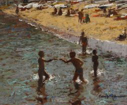 George Thompson (British, 1934-2019), 'Beach At Cadaques, Costa Brava, Spain', Oil on board,