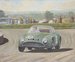 English school (mid 20th century), David Skailes driving an Aston Martin DB4 GT Zagato circa 1964,