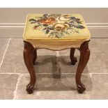 An upholstered mahogany dressing stool, early 20th century, the square tapestry seat upon French