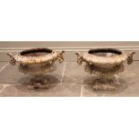 A pair of 19th century cast iron garden/patio urns, of compressed campana form, the leaf cast rims