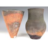 A studio pottery conical vessel, 20th century, the textured body supporting a glazed and ribbed
