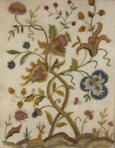 A crewelwork panel, 19th century, decorated with a stag and a squirrel in a landscape of entwined