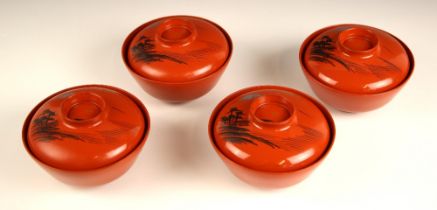 A set of four Japanese coral lacquered Fuzhou gaiwan cups and covers, 20th century, each of circular