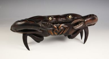 A Japanese carved wood crab box, Meiji Period (1868-1912), modelled realistically standing with