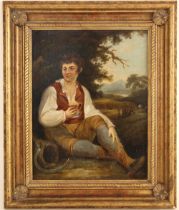 English school (19th century), Portrait of a farm labourer with beer and sickle, Oil on panel,
