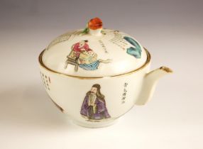 A Chinese porcelain 'Wu Shuang Pu' teapot and cover, Guangxu period (1875-1908), the circular pot