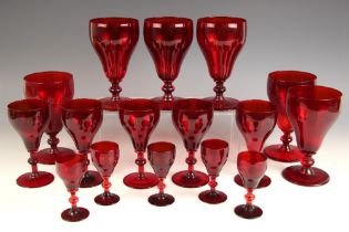 A collection of ruby glass stemware, 20th century, to include: six red wine glasses, five white wine