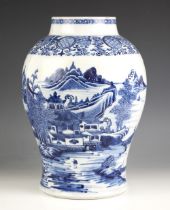 A Chinese porcelain blue and white temple jar, 18th century, decorated with extensive landscapes