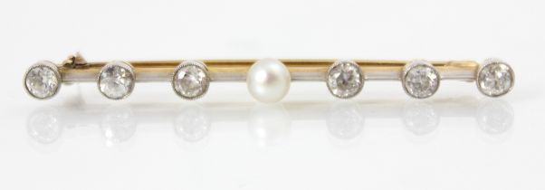 A 20th century diamond and cultured pearl bar brooch, the pearl with three old cut diamonds set to