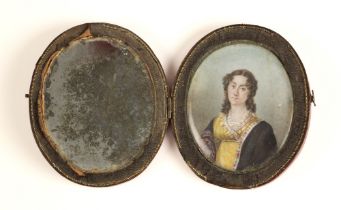 French School (18th century) A oval half length portrait miniature depicting a lady of the Louis XVI