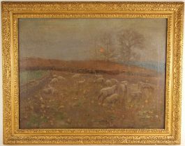 Bernhard Sickert (British, 1863–1932), A farming landscape with sheep, Oil on canvas, Signed and