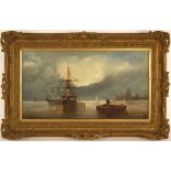 Dutch School (19th century), Naval ships at anchor with fishing boats approaching a harbour, Oil