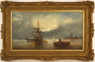 Dutch School (19th century), Naval ships at anchor with fishing boats approaching a harbour, Oil