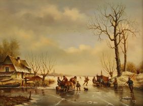 M Feijen (Dutch school, 20th century), A frozen river scene with sleds and figures, Oil on board,