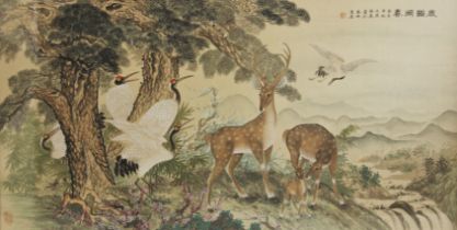 Chinese School (20th century), Watercolour on silk, Extensive landscape with Deer (Lu) and cranes,