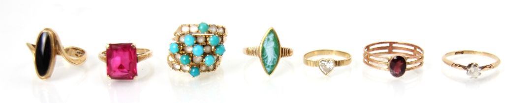 A selection of jewellery, including a white stone set pin, 4cm long, three 9ct yellow gold rings,