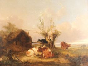 Circle of Thomas Sidney Cooper RA (British, 1803-1902), Cattle resting outside a barn, Oil on