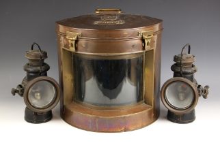 A brass mounted copper ship's Starboard lamp, late 19th century, with applied plate for 'Starboard',
