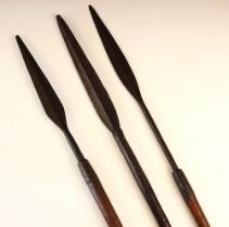 Three African tribal hunting spears, late 19th century and later, each with steel leaf shape blade
