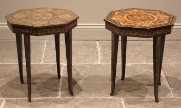 A pair of Italian Sorrento type inlaid work/sewing tables, mid 20th century, each of octagonal