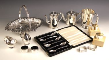 A selection of silver plate and silver items, including a silver plate swing handled basket with