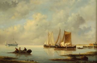 Leon Arie Feijen (Dutch b.1947), A coastal scene with fishermen bringing nets ashore, Oil on
