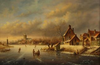 Leon Arie Feijen (Dutch b.1947), A frozen river scene, Oil on board, Signed lower right, 38.5cm x