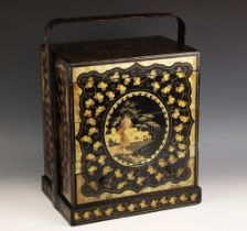 A Chinese lacquered haberdashery stacking cabinet, Canton, 19th century, formed with a drawer to the