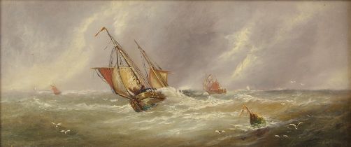 Dutch school (19th century), Fishing boats in choppy seas, Oil on board applied to hardboard,