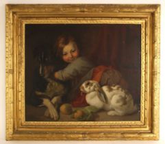 W Pullard (English school, 19th century), A young girl with pet dog and rabbit, Oil on canvas,