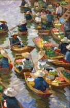 Far Eastern school (late 20th century), An oriental river market scene, Oil on board, Indistinctly