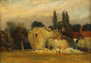 English school (19th century), Building haystacks, Oil on canvas applied to board, Unsigned, 11.