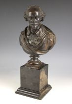 A French patinated bronze bust modelled as William Shakespeare, 19th century, foundry mark for