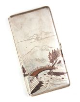A Japanese niello sterling silver cigarette case, the rectangular body with mountainous scene with