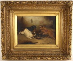 Circle of George Armfield (British, 1808-1893), Three terriers ratting in a barn, Oil on canvas,