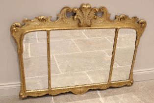 A George II style giltwood and gesso overmantel triple plate wall mirror, the Prince of Wales