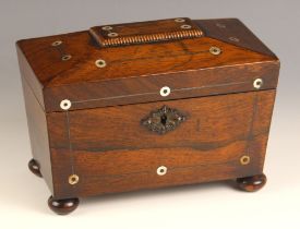 A William IV rosewood and mother of pearl inlaid tea caddy, of sarcophagus form, the mother of pearl