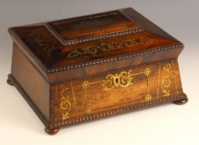 A William IV rosewood and brass inlaid sarcophagus shaped work box, opening to a vacant interior (