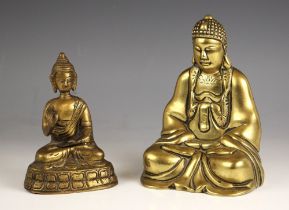 A Chinese polished bronze model of Buddha, 20th cenury, modelled seated with hands in Dhyanamudra,