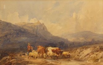 Thomas Sidney Cooper RA (British, 1803-1902), Study of a farmer with cattle and sheep by a pool,
