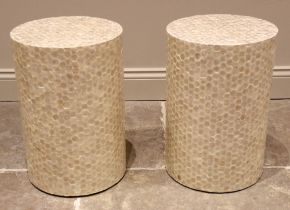 A pair of contemporary mother of pearl 'honeycomb' pedestals/occasional tables, of cylindrical form,