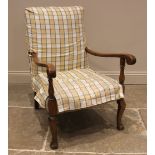 A beech framed open armchair, late 19th/early 20th century, the rectangular upholstered back